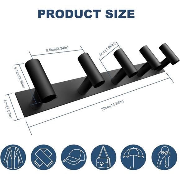 Black Hat and Coat Wall Mount Rack 5 Hooks for Robes, Bags - Picture 3 of 14